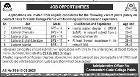 Cadet College Pishin Jobs 2025 Advertisement