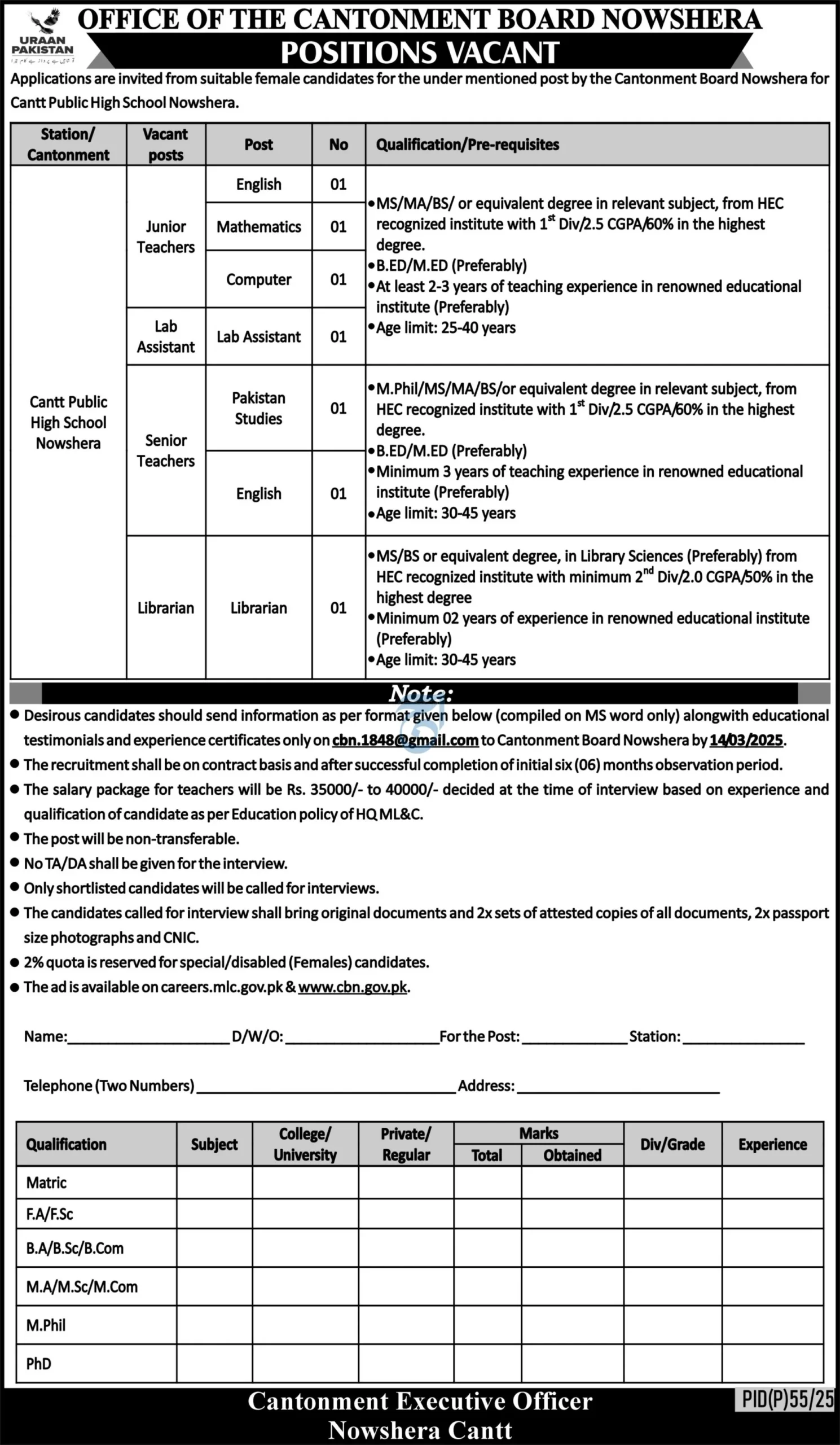 Cantt Public High School Nowshera Jobs 2025 Advertisement