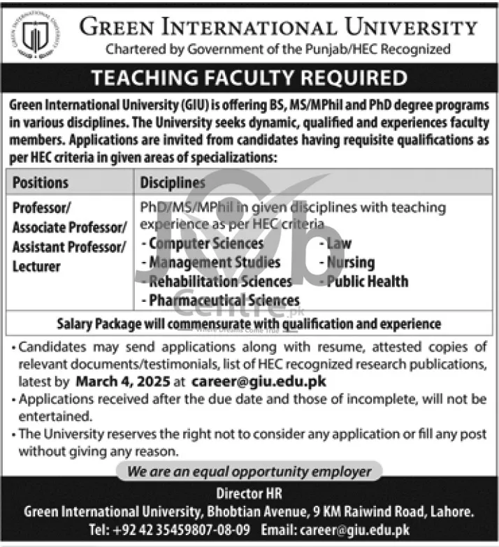 Green International University GIU Lahore Jobs 2025 Advertisement