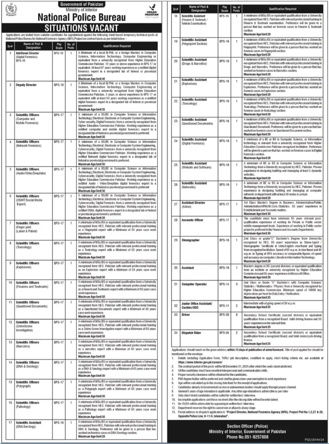 Ministry of Interior and National Police Bureau Jobs 2025 Advertisement