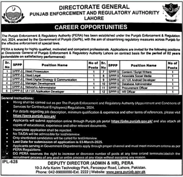 Punjab Enforcement & Regulatory Authority PERA Jobs 2025 Advertisement