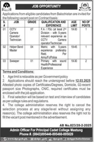 Cadet College Mastung CCM Jobs 2025 Advertisement