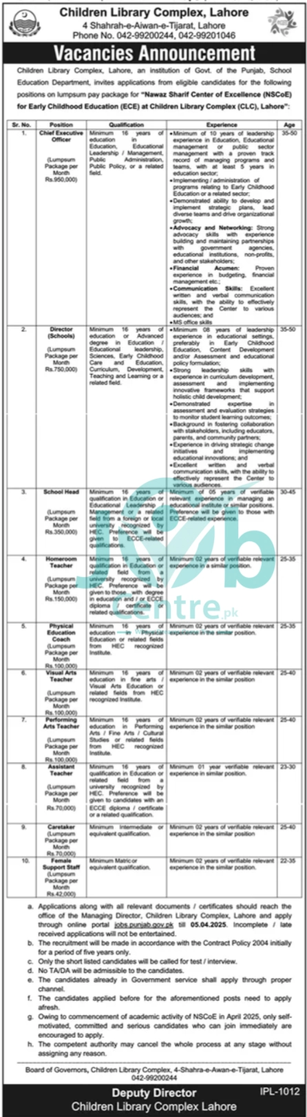 Children library complex CLC Lahore Jobs 2025 Advertisement