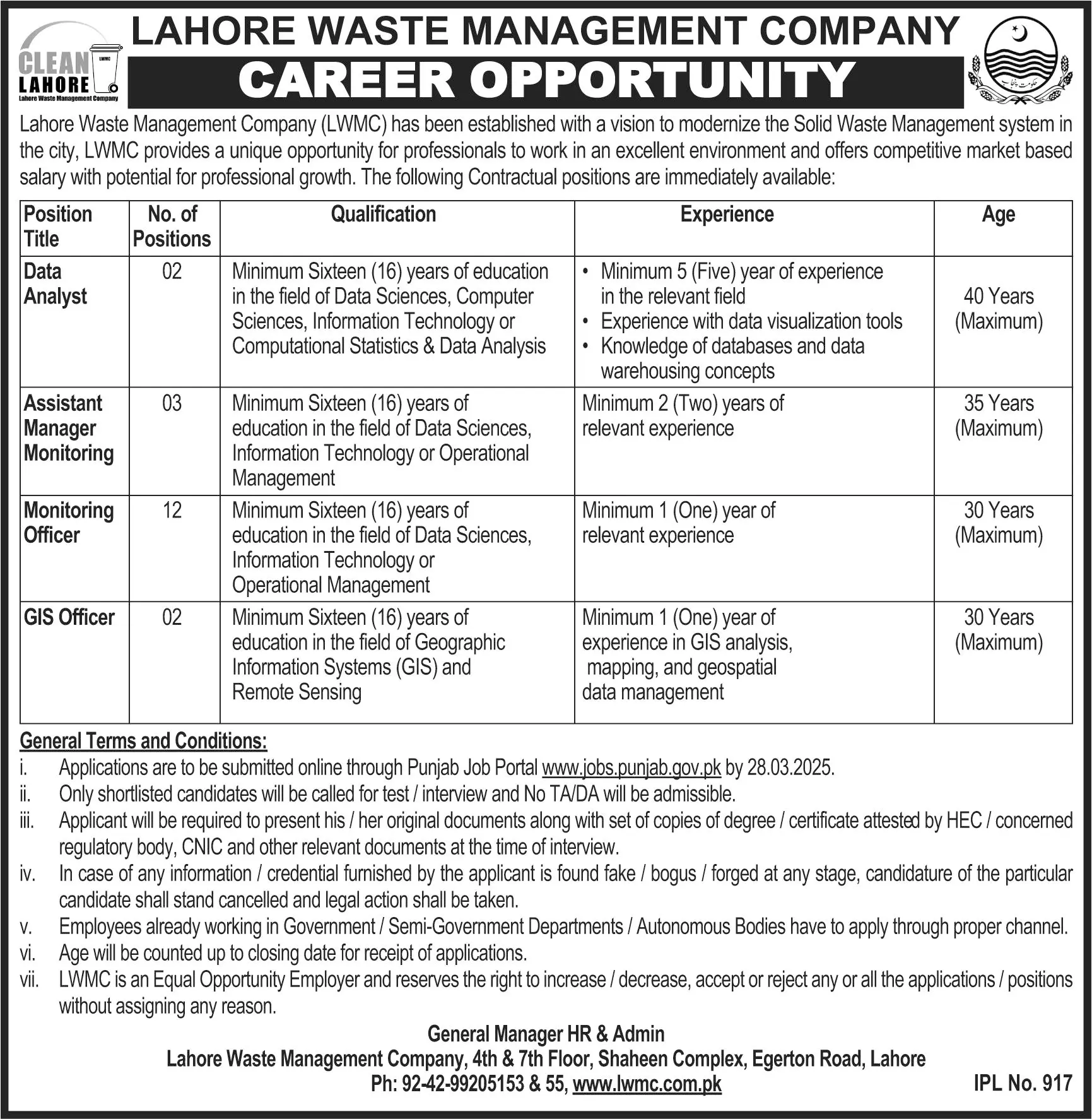 Clean Lahore Company Jobs 2025 Advertisement