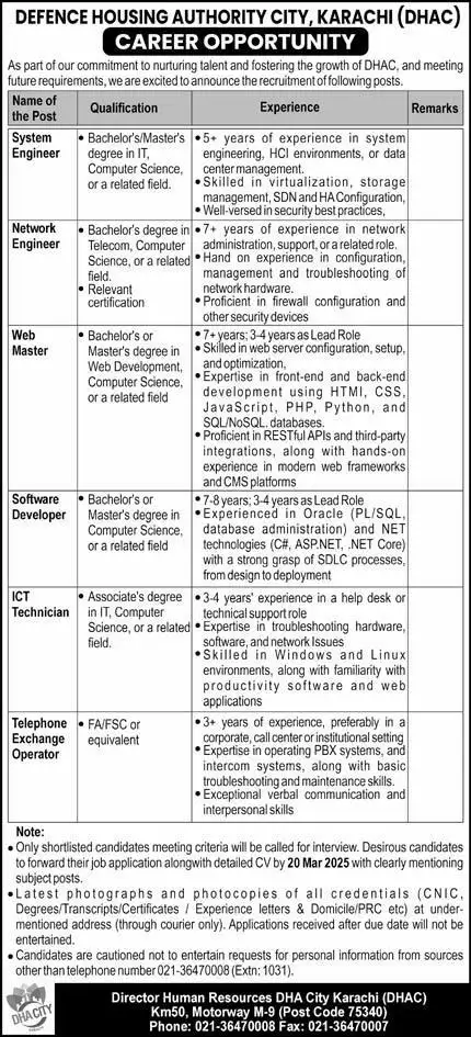 Defence Housing Authority City DHAC Jobs 2025 Advertisement