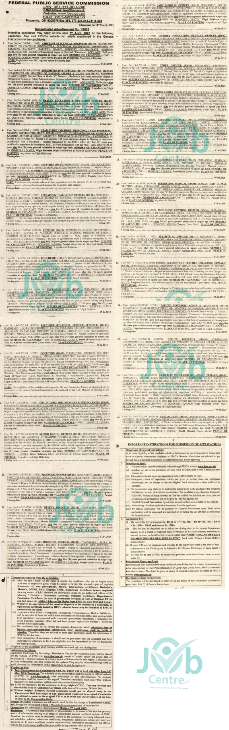 FPSC Jobs 2025 Consolidated Advertisement No. 01