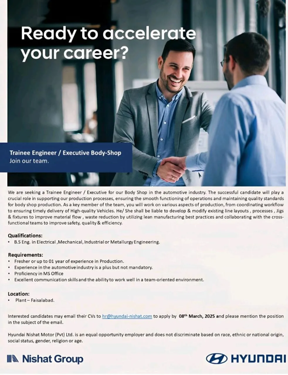 Hyundai Nishat Trainee Engineer Jobs 2025 Advertisement