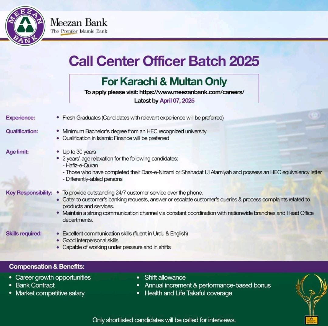 Join Meezan Bank as a Call Center Officer 2025 Advertisement