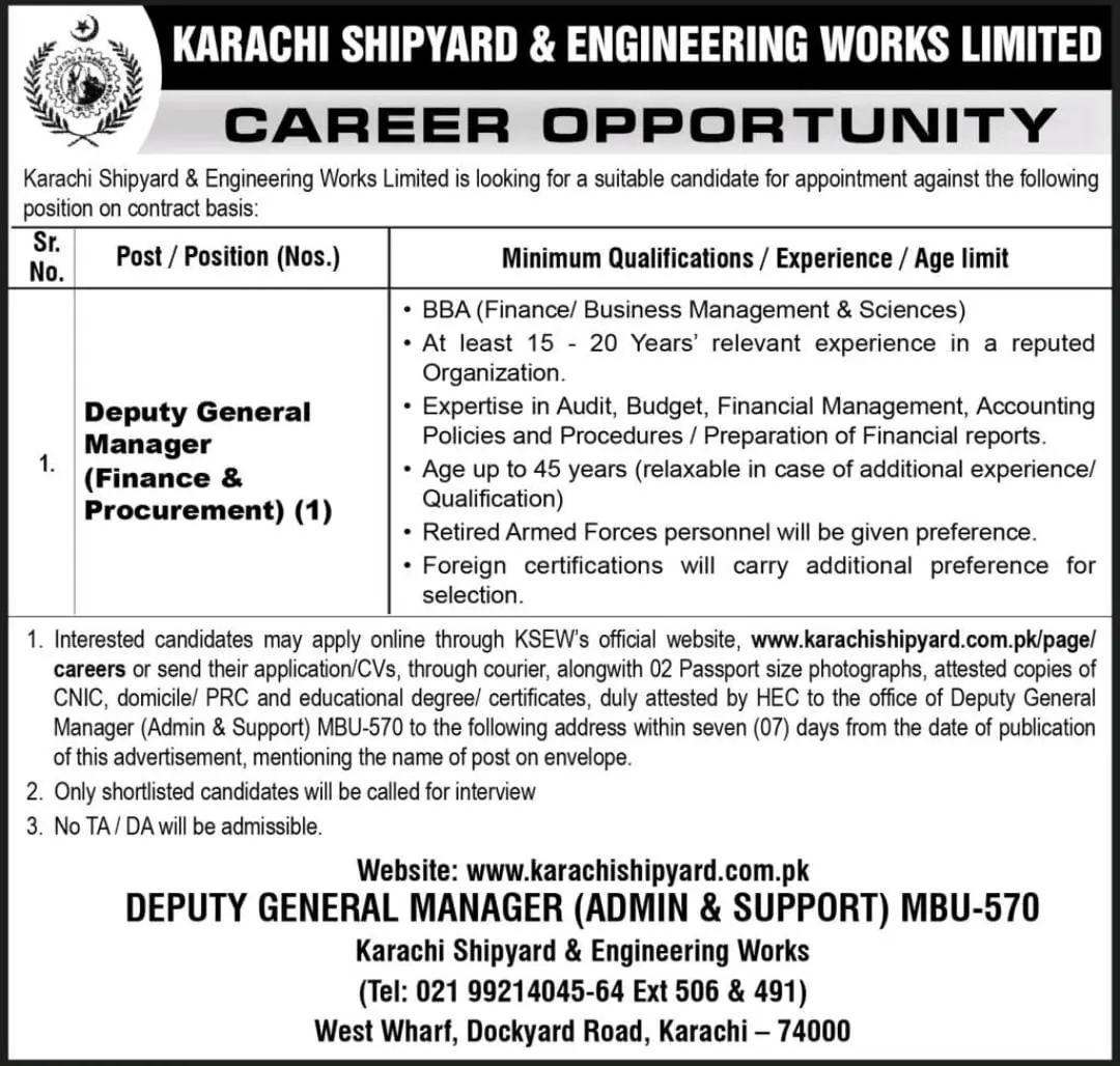 Karachi Shipyard and Engineering Works Limited Careers 2025 Advertisement