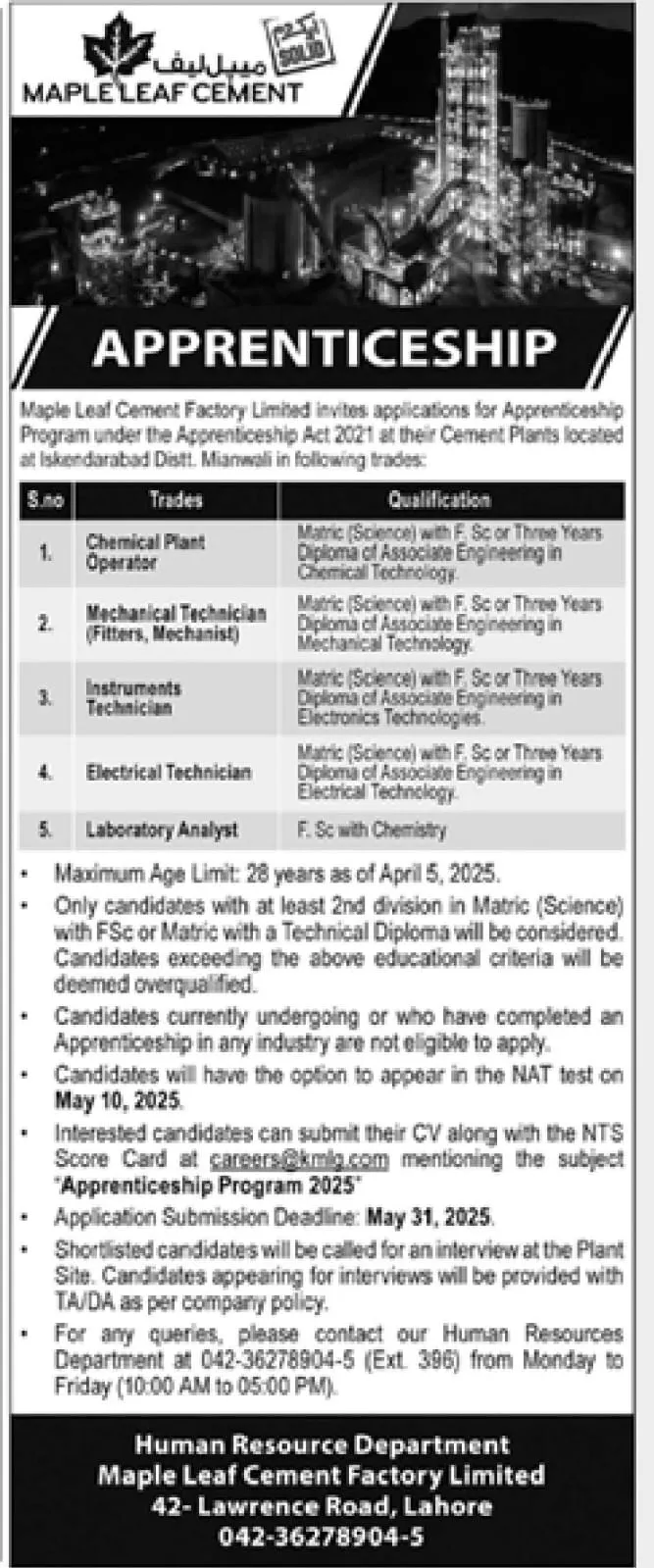 MLCF Apprenticeship Program 2025 Advertisement