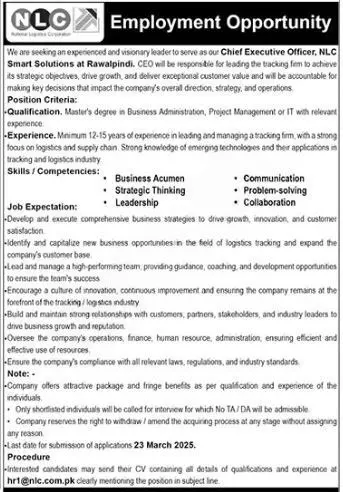 National Logistics Corporation NLC Chief Executive Officer Jobs 2025 Advertisement