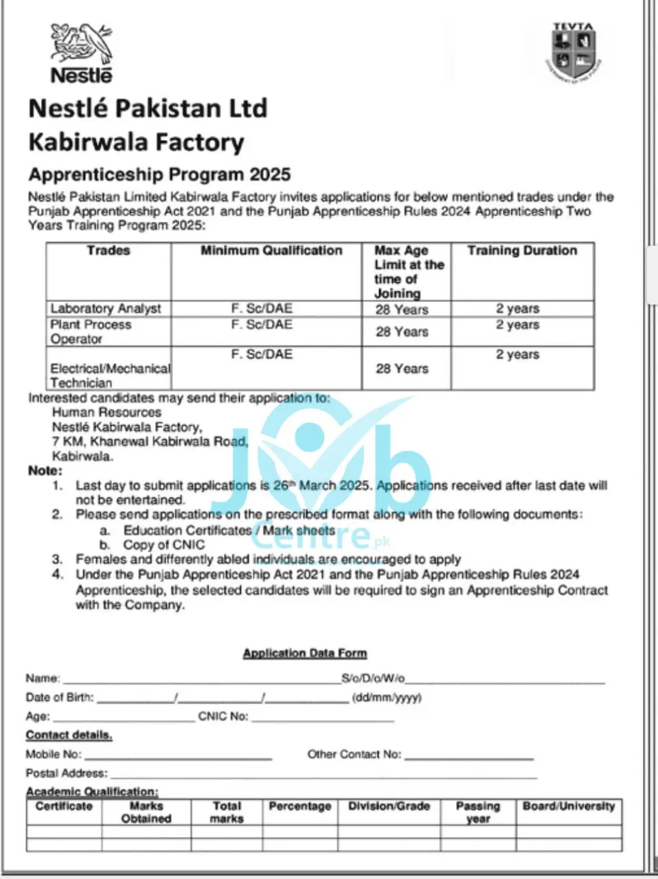 Nestle Pakistan Training Program 2025 Advertisement