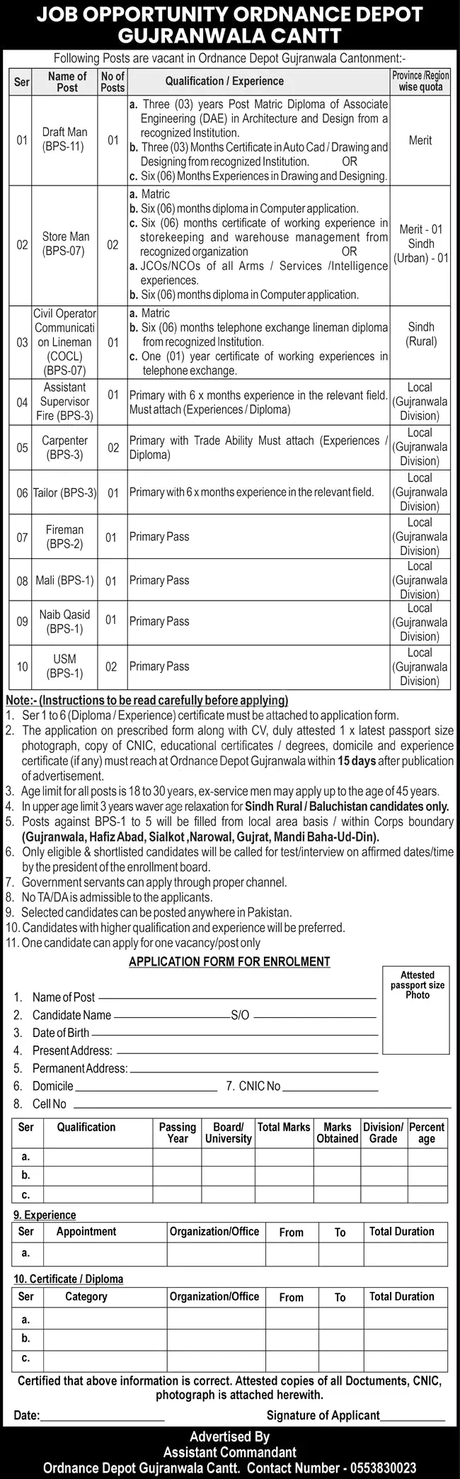 Ordnance Depot Gujranwala Jobs 2025 Advertisement