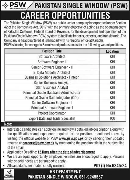 Pakistan Single Window Jobs 2025 Advertisement