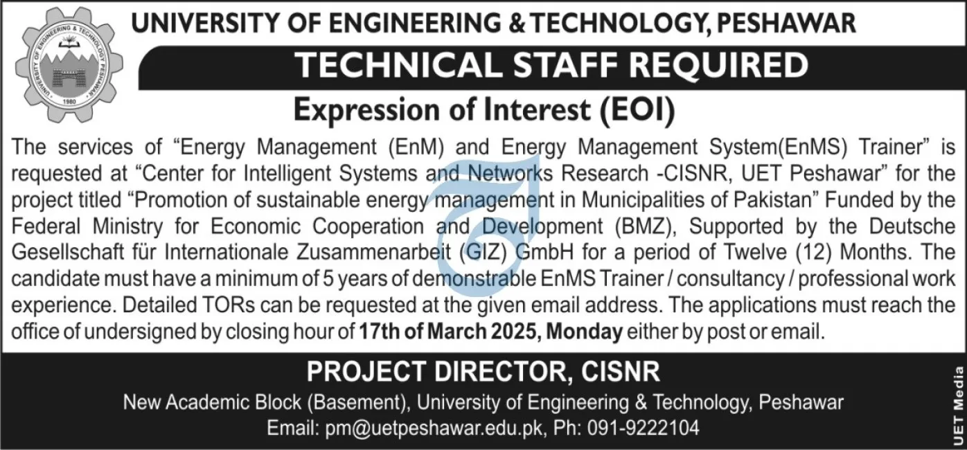 UET Peshawar Jobs 2025 Advertisement
