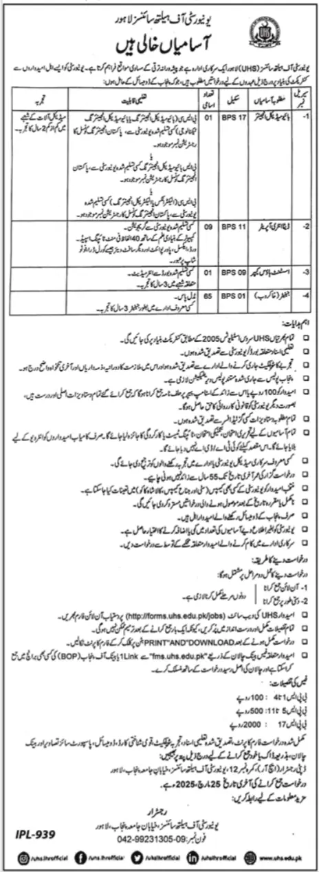 University of Health Sciences UHS Jobs 2025 Advertisement