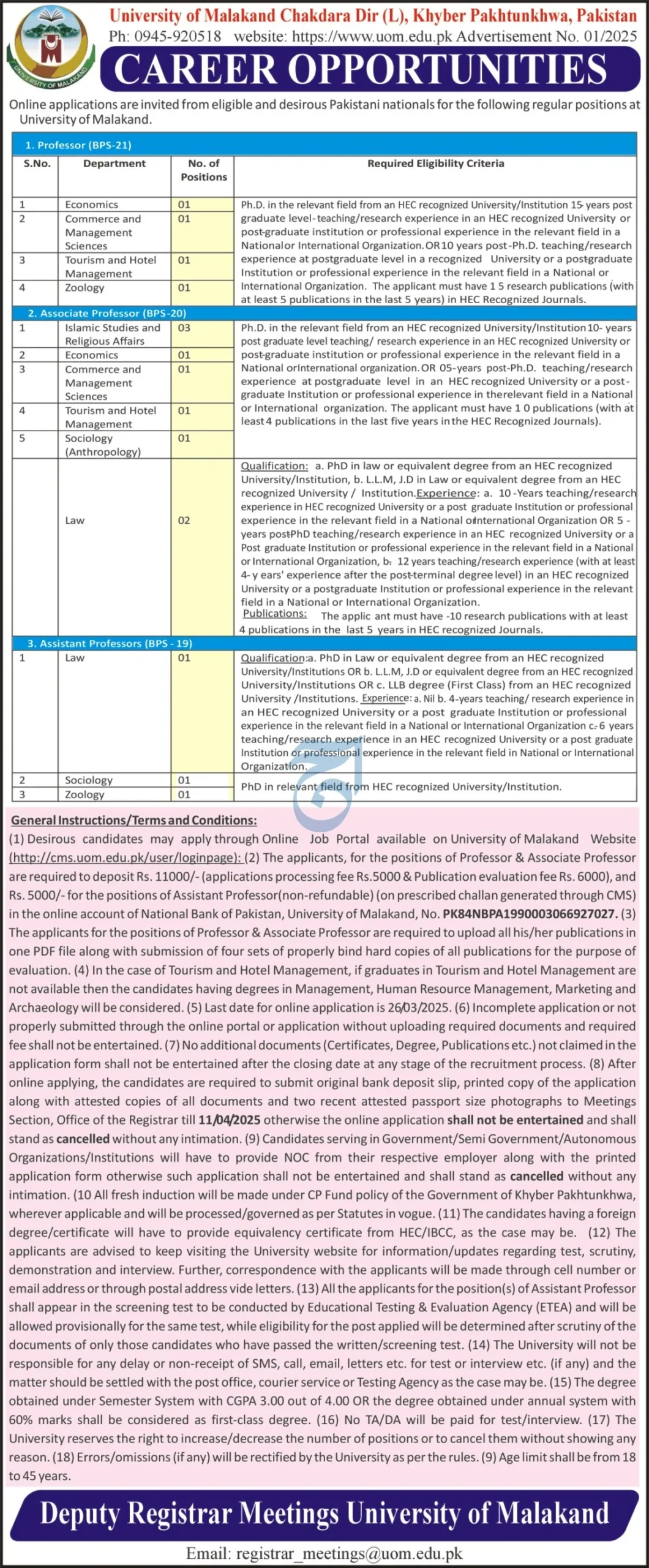 University of Malakand Jobs 2025 Advertisement