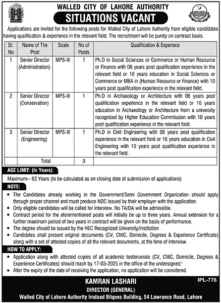 Walled City Of Lahore Authority WCLA Jobs 2025 Advertisement