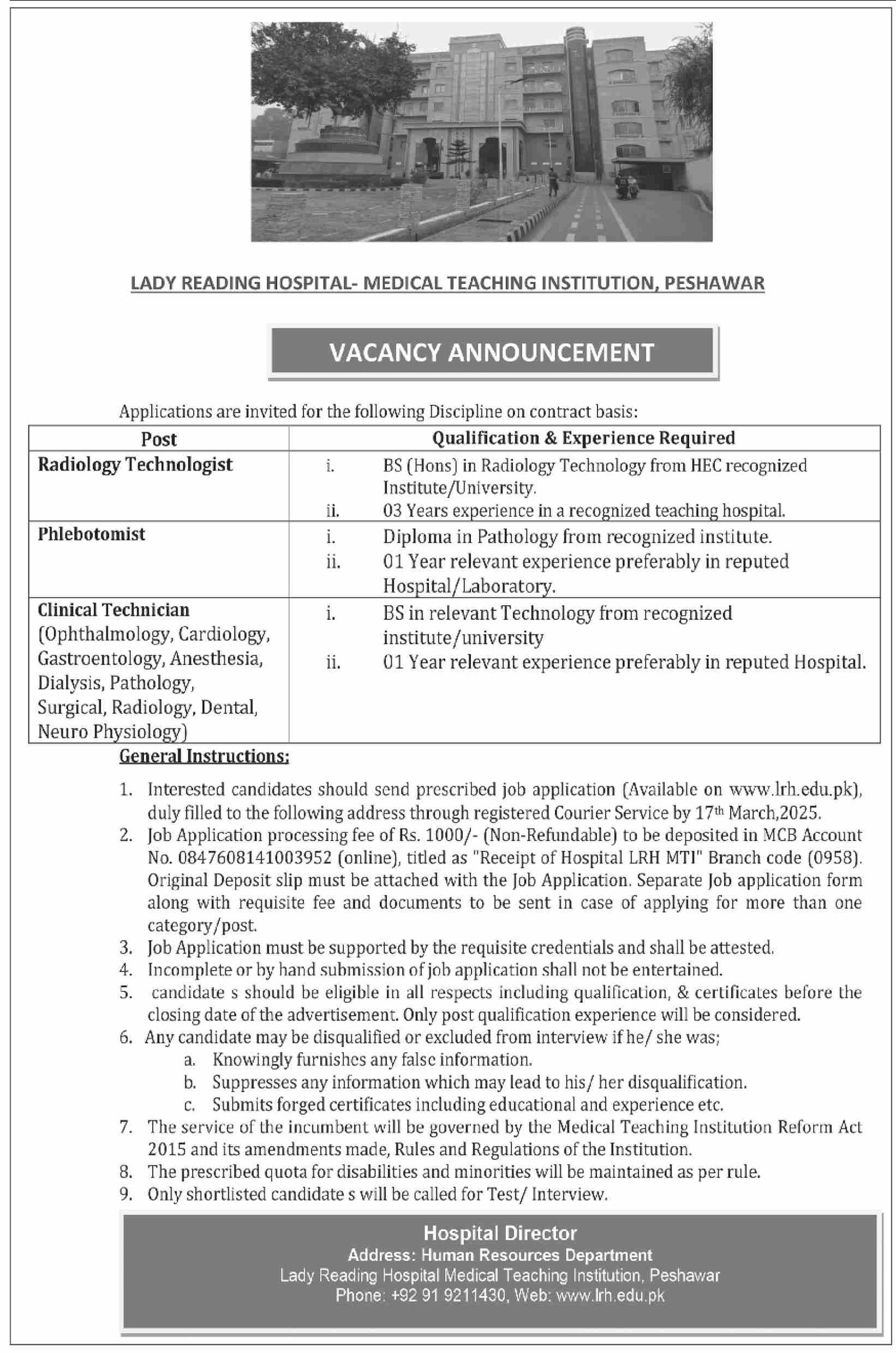 Lady Reading Hospital LRH Jobs 2025 Advertisement