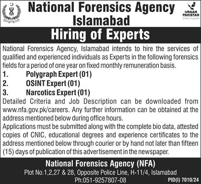 National Forensics Agency NFA Islamabad Jobs 2025 Advertisement