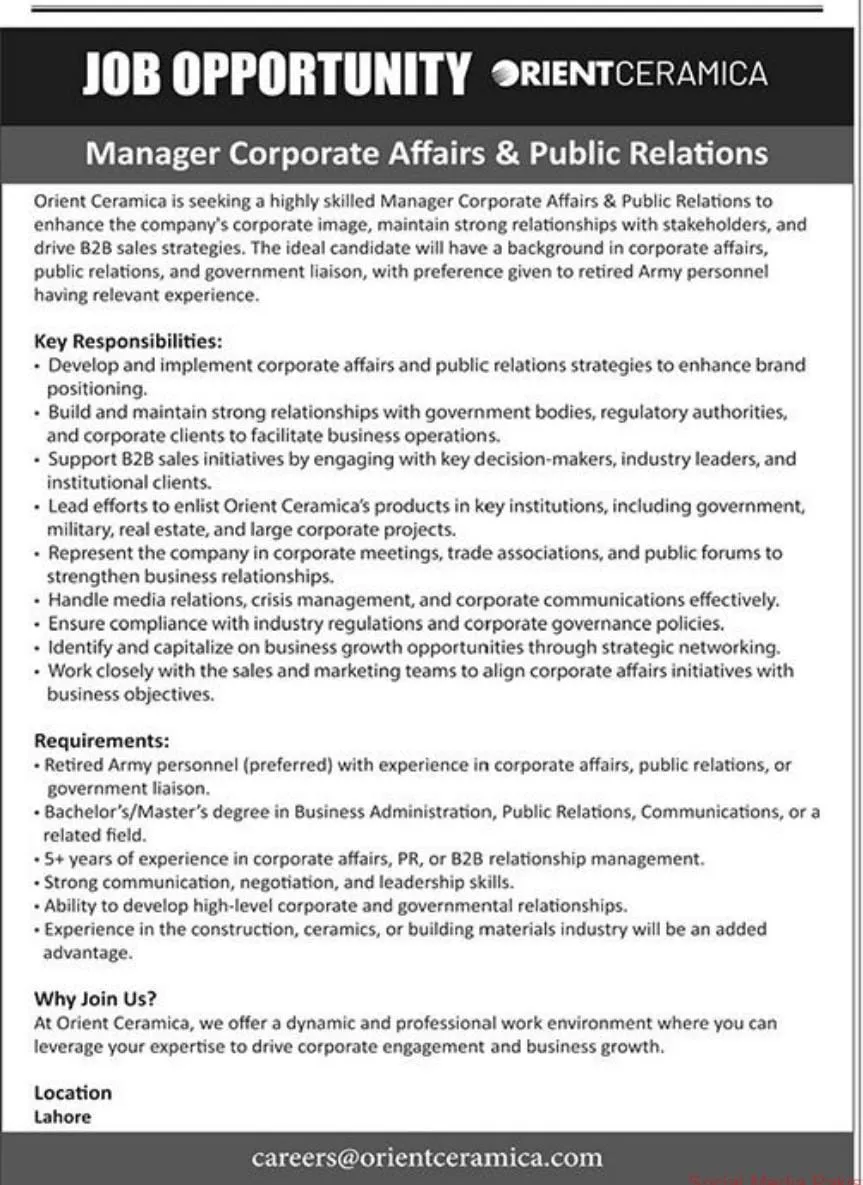 Orient Ceramica Jobs 2025 Advertisement