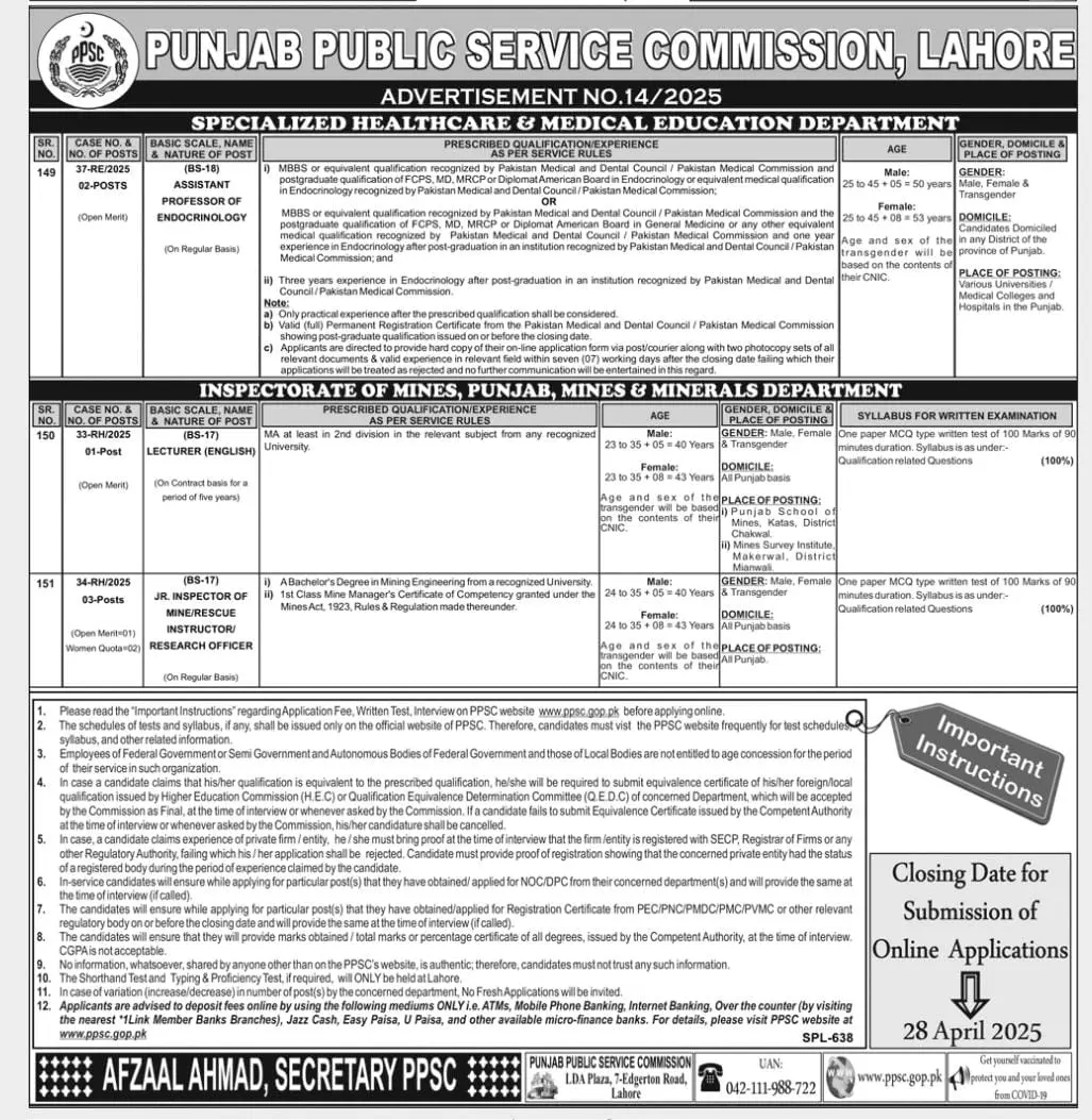 PPSC Advertisement No 14 Recruitment 2025