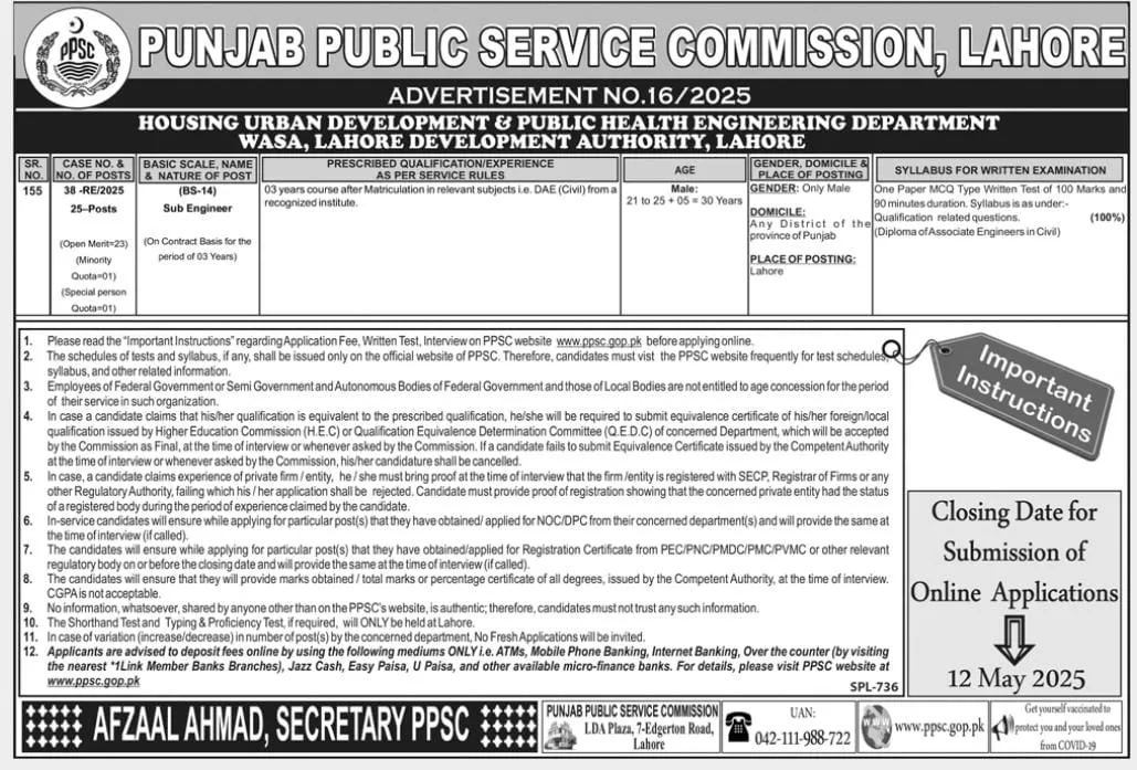PPSC Sub Engineer Jobs 2025 Advertisement: