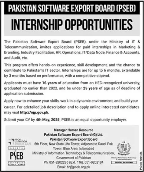 Pakistan Software Export Board PSEB Internship Program 2025 Advertisement