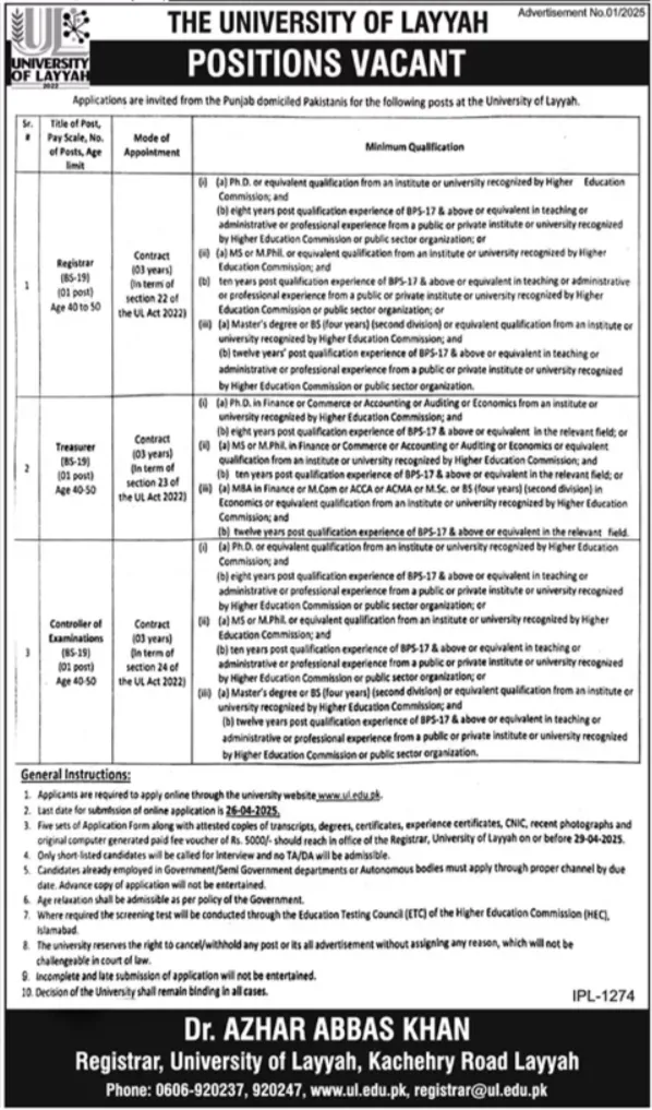 University Of Layyah Jobs 2025 Advertisement #1