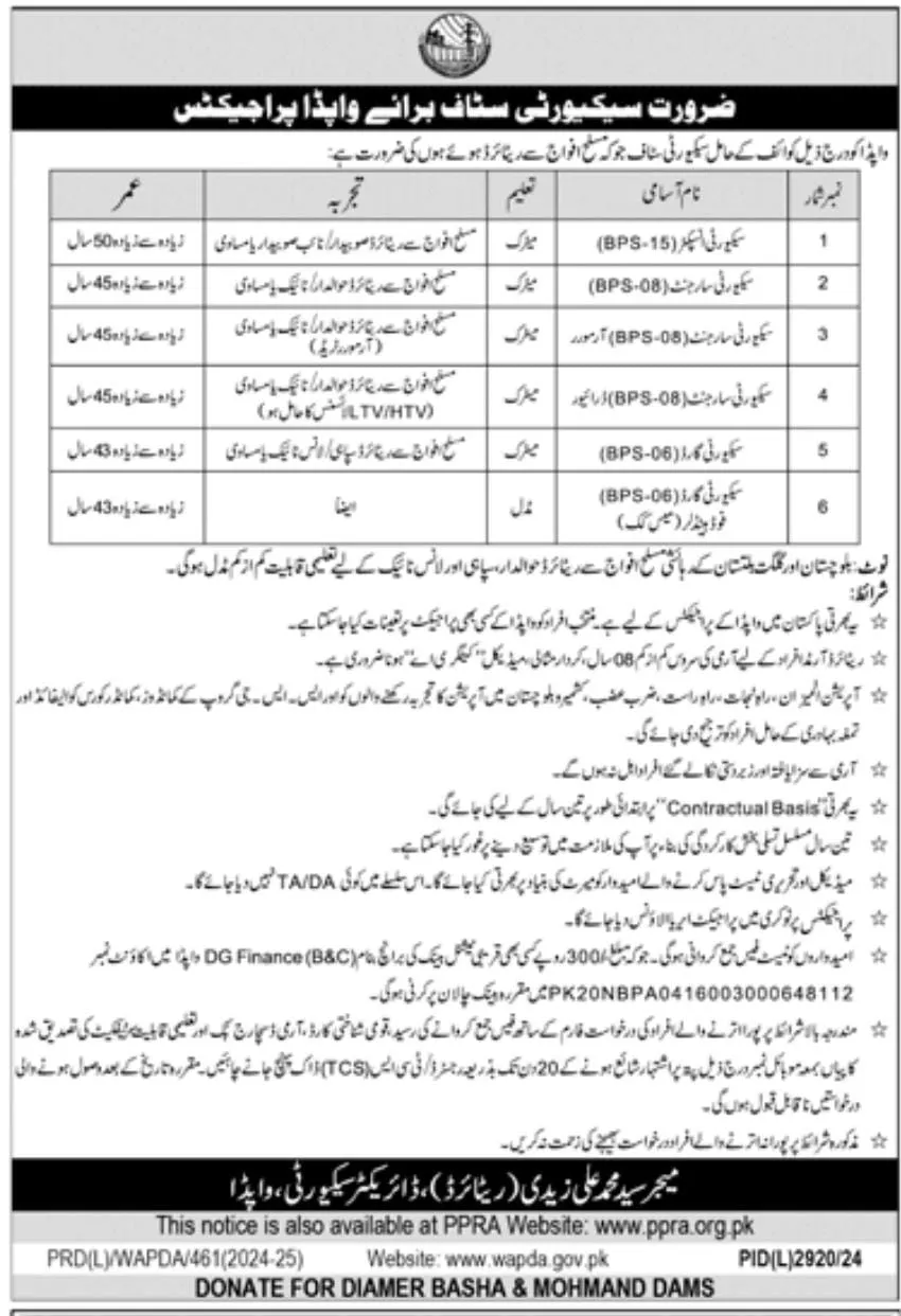 WAPDA Middle Pass Jobs 2025 Advertisement