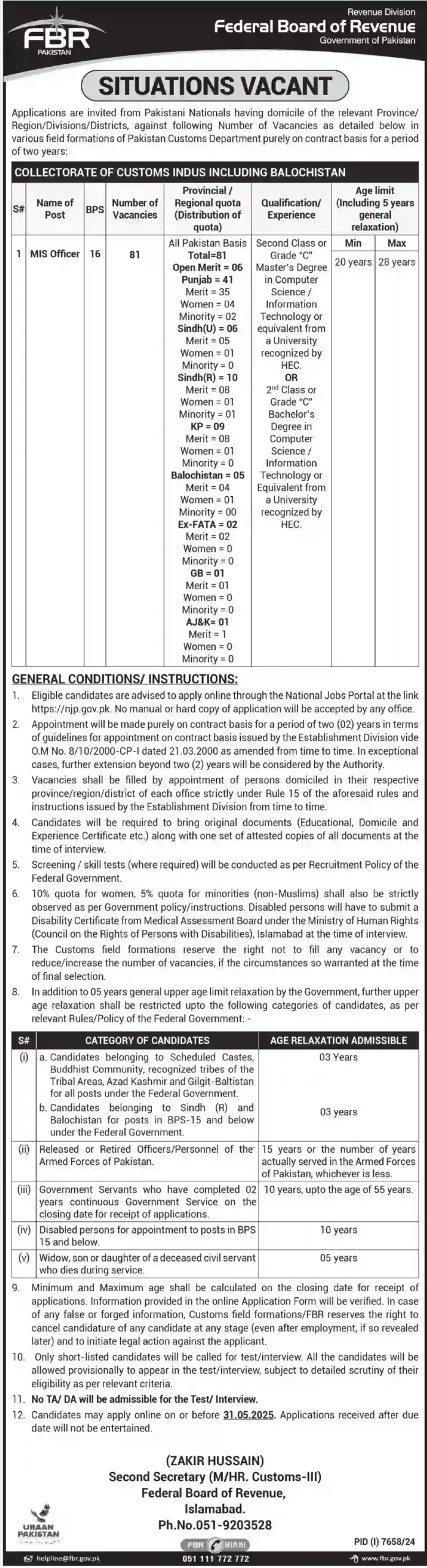 www.fbr.gov.pk application form 2025 Advertisement